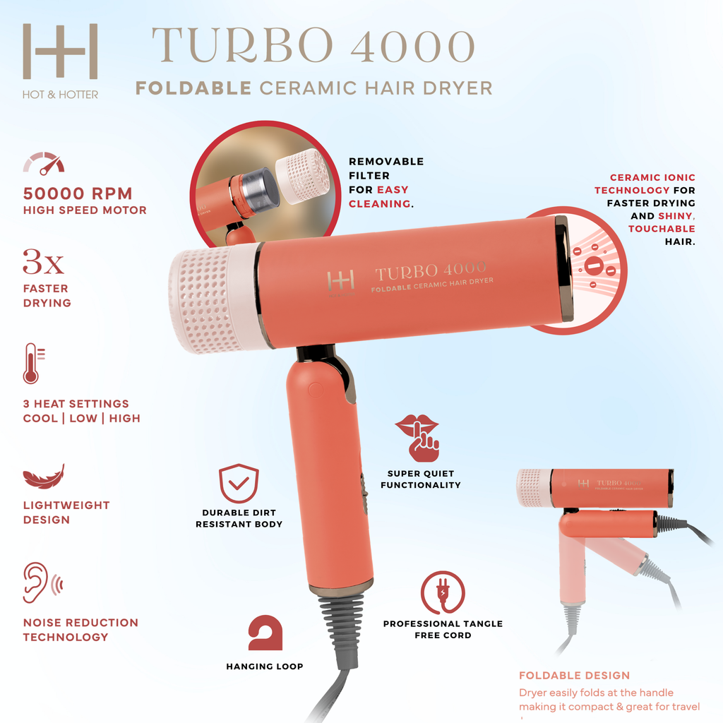 Hot & Hotter Ceramic Turbo 4000 Foldable Hair Dryer, 1 Count, Orange