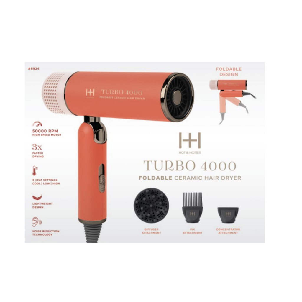 Hot & Hotter Ceramic Turbo 4000 Foldable Hair Dryer, 1 Count, Orange