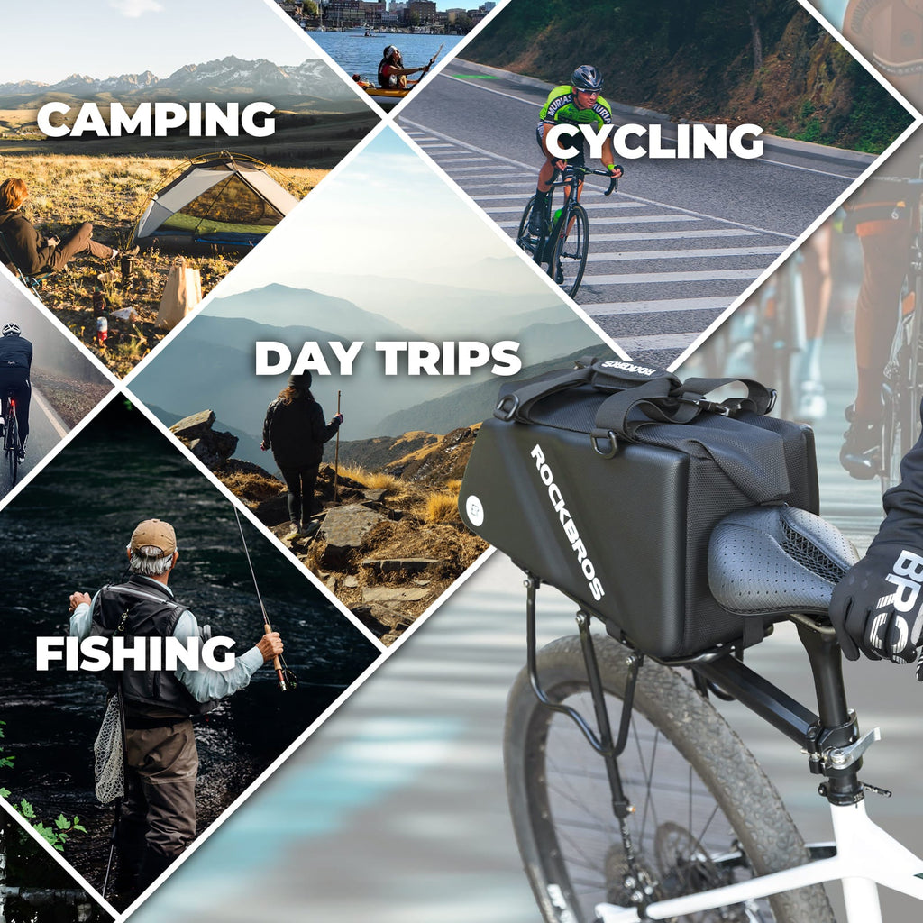 Collage of outdoor activities including camping, cycling, and fishing with a focus on a bicycle bag.